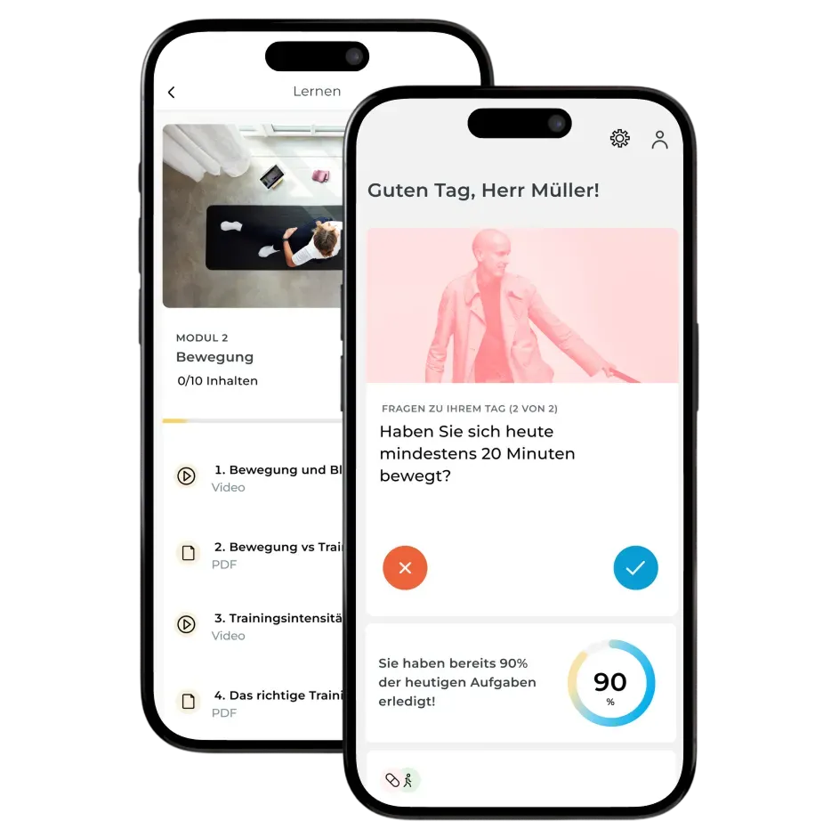 Zwei Smartphones mit der avi Impact App: Lernmodul „Bewegung“ und tägliche Frage zur Bewegung